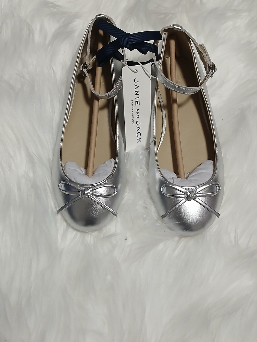 Janie and Jack Metallic Silver Ankle-Strap Ballet Flats with Bow